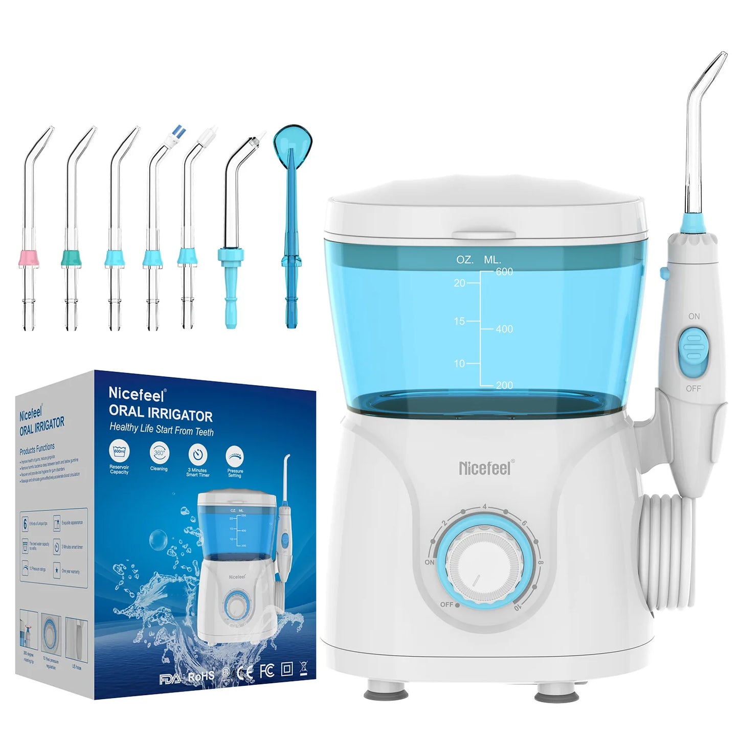Nicefeel Ultrasonic Oral Irrigator Water Jet Flosser 600ML Water Tank Jet Tips Teeth Cleaner Dental Water Flosser 7 Nozzle
