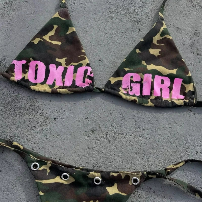 Women's Triangle Bikini Set Camouflage Print Sexy Y2K Micro Bikini Swimwear Summer Beach Vacation Party Bathing Suit For Female