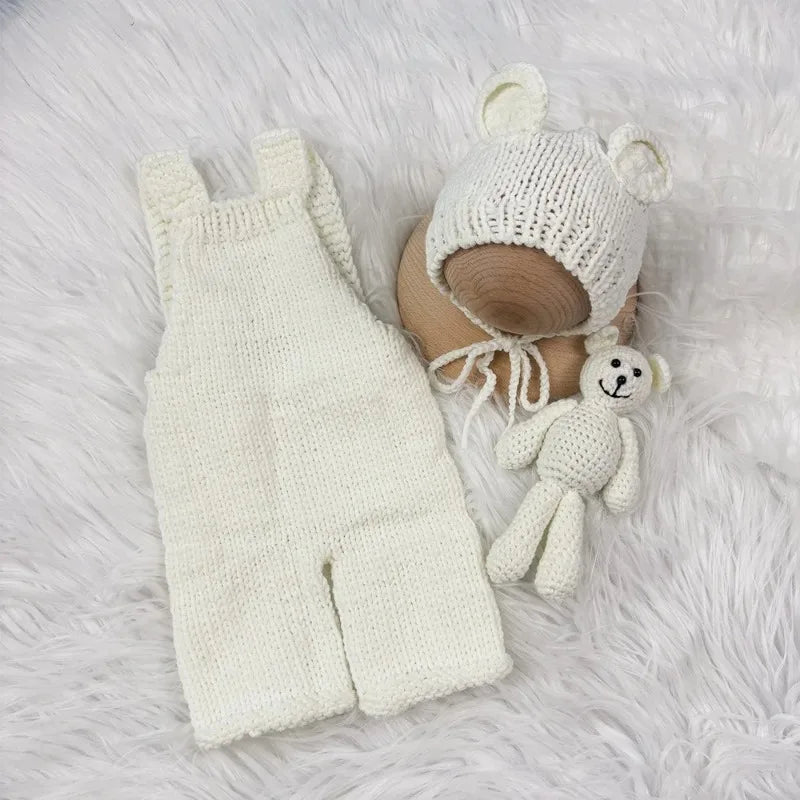 3pcs Baby Cute Costume Newborn Photography Props Crochet Knitted Bear Ear Hat, Bear Doll and Overalls Sets Studio Photos Outfits