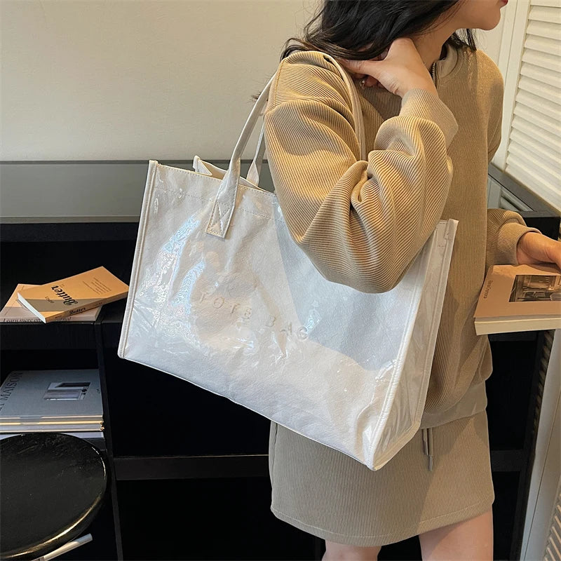 Women's Glossy Leather Tote Bag Letter Print Large Capacity Casual Commuter Shoulder Bag Fashion Daily Shopping Handbag 2026
