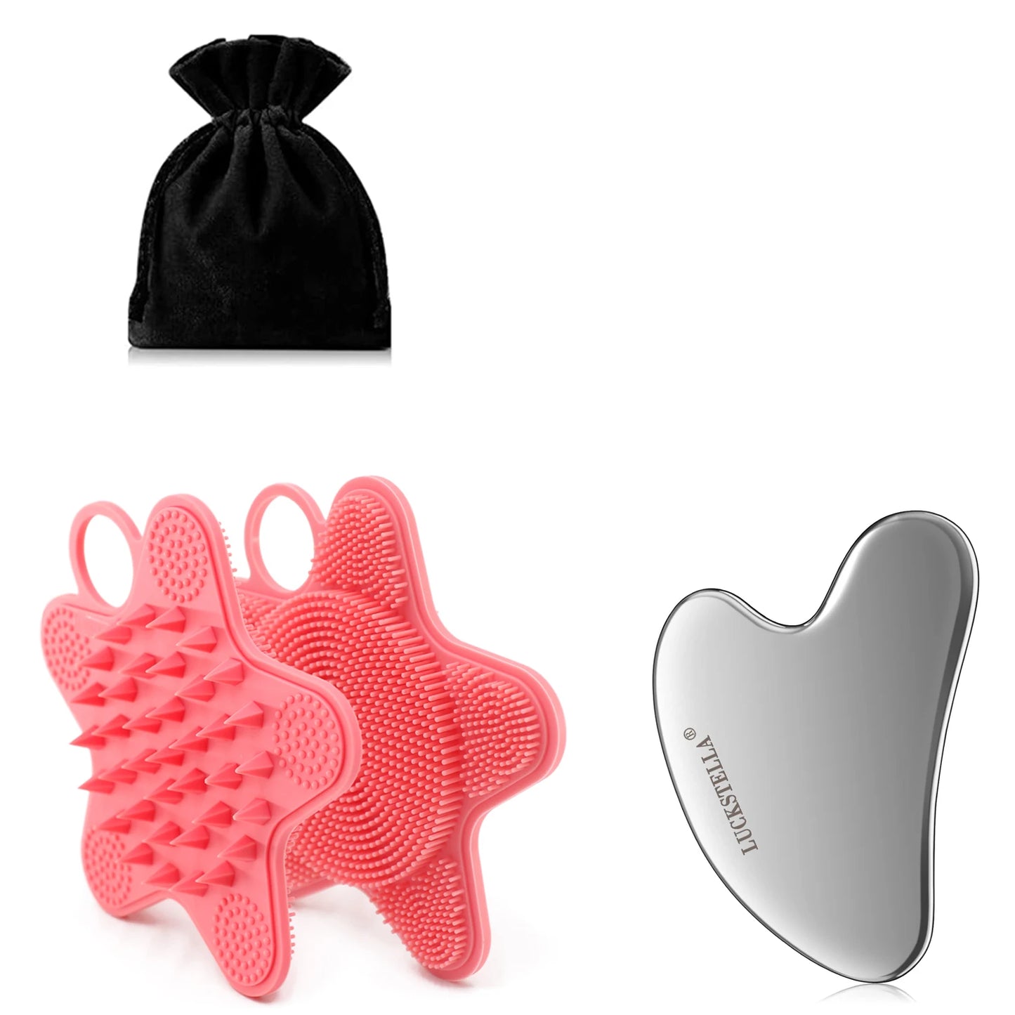 LUCKSTELLA 4Pcs Skin Care set Ice Face Roller &  Stainless Steel Gua Sha Board & Silicone Shower Brush Face Massage Roller