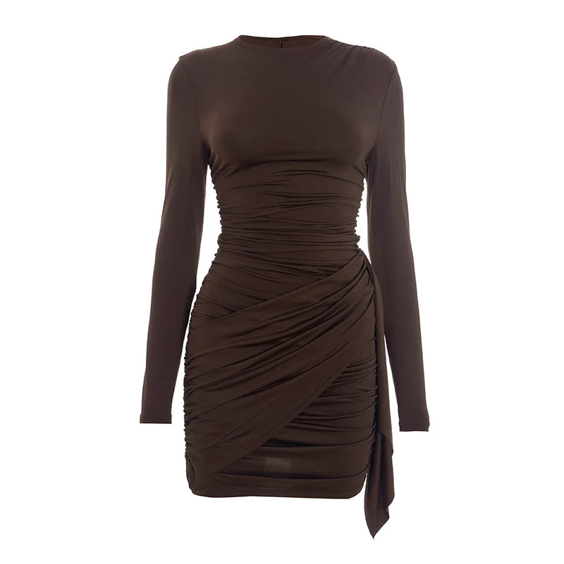 CUTENOVA Women'S Fall/Winter New Arrival Sexy Solid-Color Bodycon Gathered Ribbon Long-Sleeve Bodycon Chic Streetwear Dress