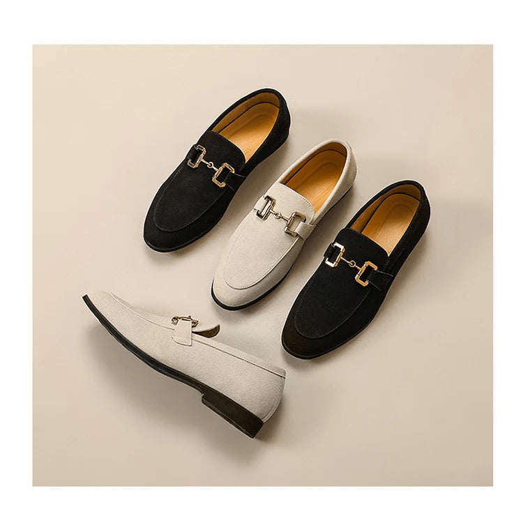Loafers Men Shoes Black Beige Flock Round Toe Metal Decoration Men Dress Shoes Slip on Men Shoes