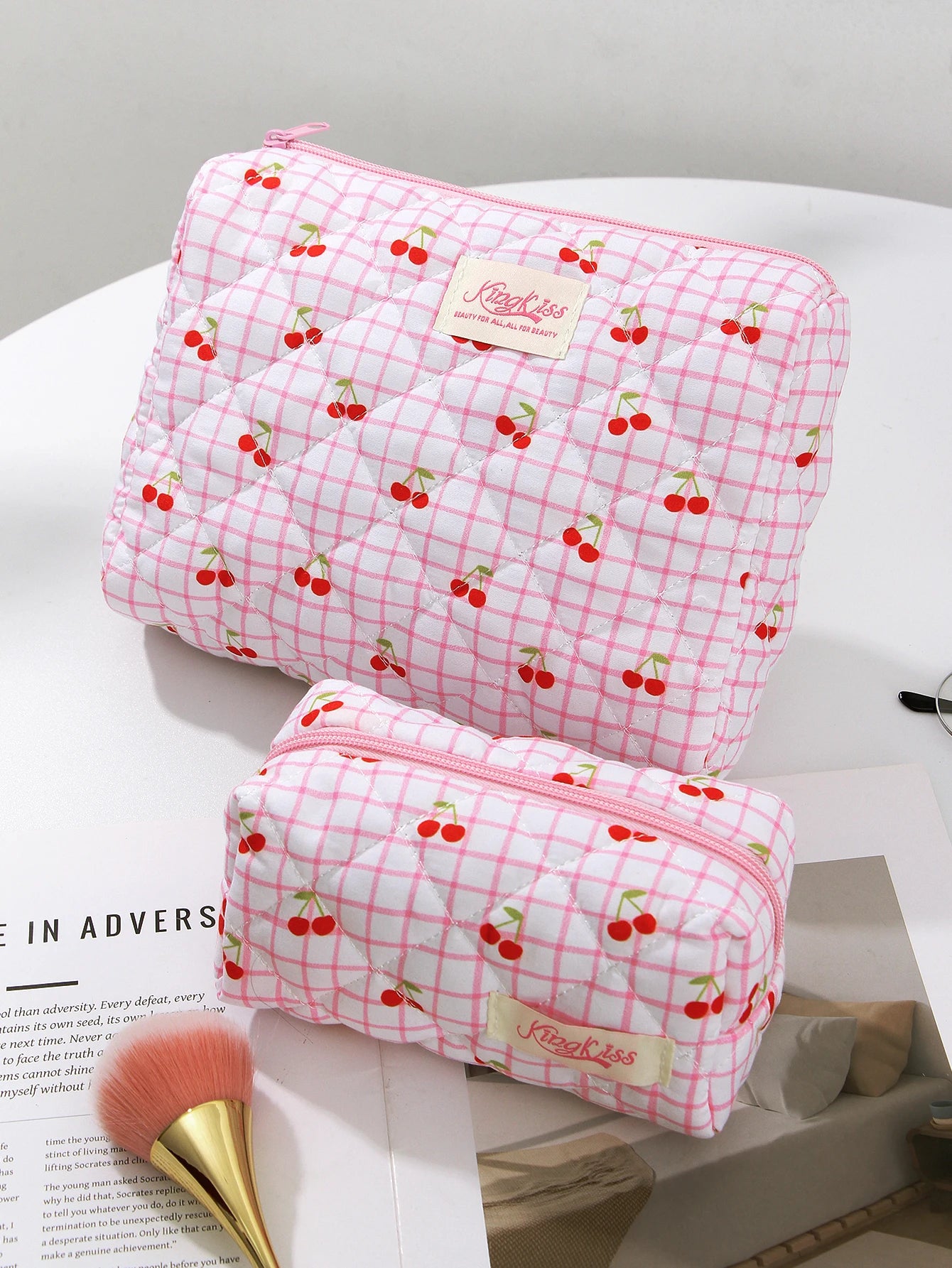 1pc/set Large Pink Cherry Quilted Makeup Bag, Cute Makeup Bag, Travel Makeup Bag, Makeup Storage Bag for Women Girls