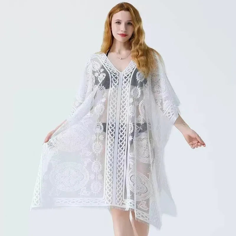 Sexy Elegant Lace Beach Cover Up for Women, Bathing Suit Cover Up, V-Neck Swimsuit Coverup for Poolside, Seaside and Party