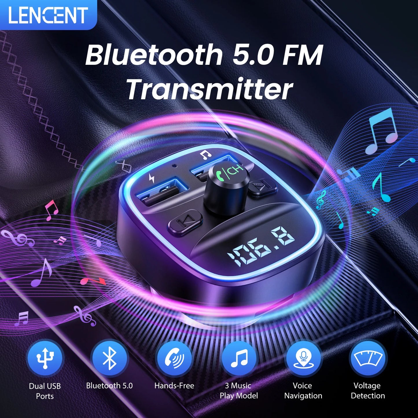 LENCENT Bluetooth 5.0FM Transmitter Wireless Radio Adapter Car Kit with Dual USB Charging Car Charger MP3 Player Support TF Card