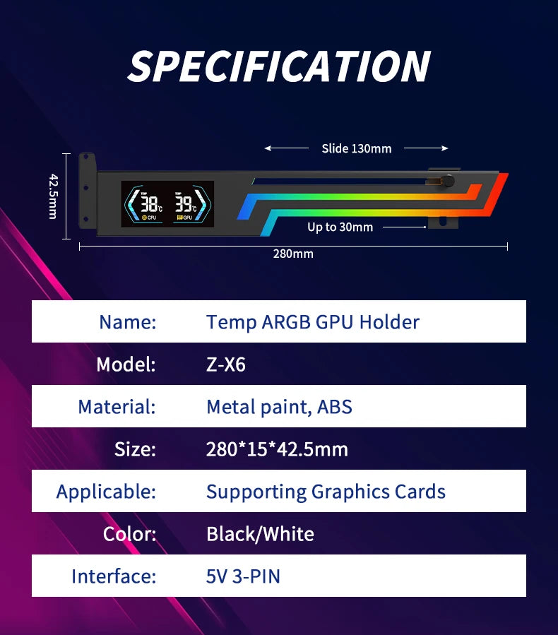 Power Train Z-X6 Graphics Card Bracket Temperature Display 5V 3PIN ARGB AURA SYNC Graphics Card VGA Holder Height Adjustable