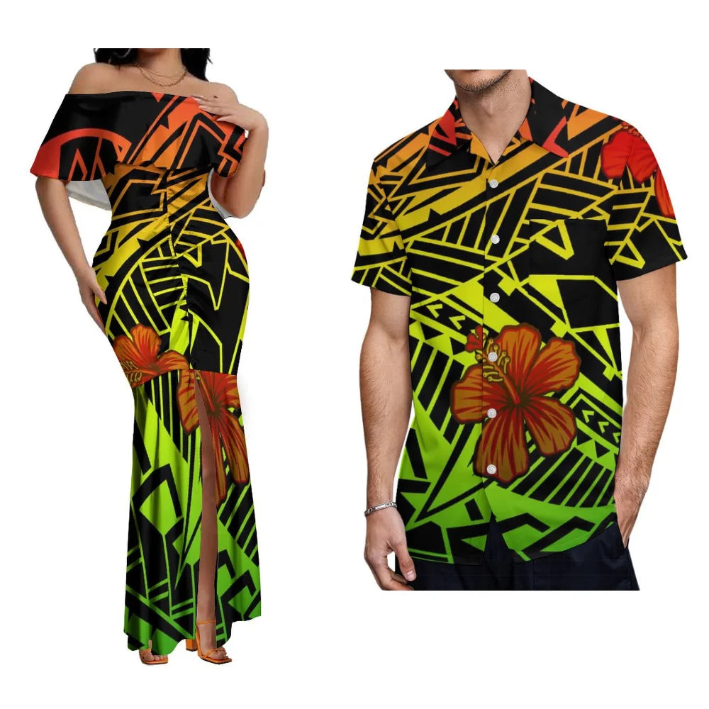Polynesian Couple Set Custom Women'S One-Line Shoulder Lotus Skirt Men'S Short-Sleeved Shirt Banquet High-Quality Dress