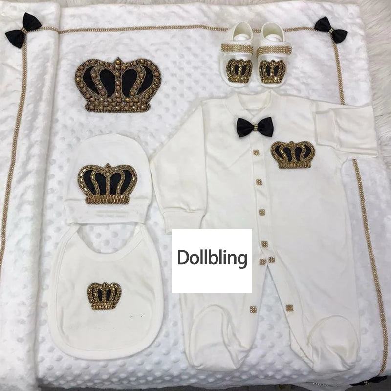 Dollbling Newborn 5pcs Layette Outfits Set Baby Tuxedo Outfit 0-3M Handmade Embroidery Wheat Jewels Crown Parajams Gift Set