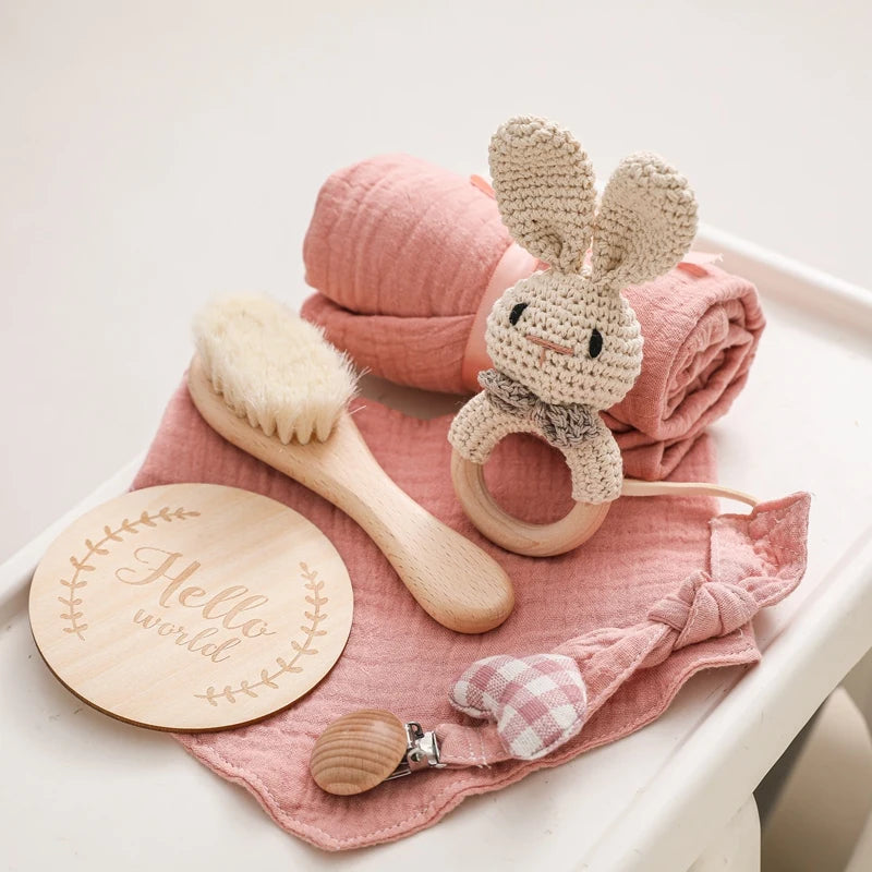 Baby Bathing Mouth Water Towel Pacifier Set Baby Full Moon Milestone Cards Wood Ring Rattle Bath Towel Wool Brush Birthday Gifts
