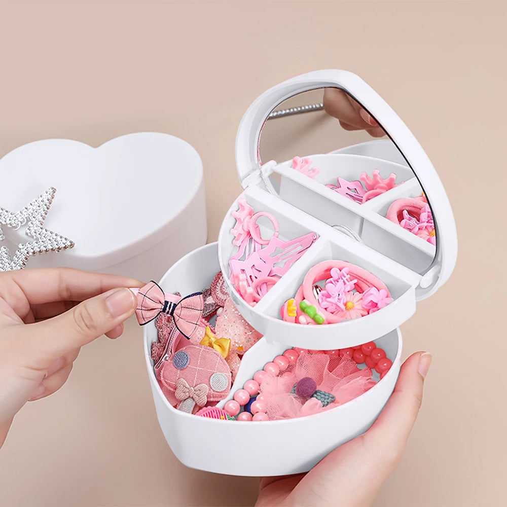 Hair Accessories Box Jewelry Storage With Mirror Pink Hair Clips Rubber Band Organiser For Girls Children Portable Travel Case