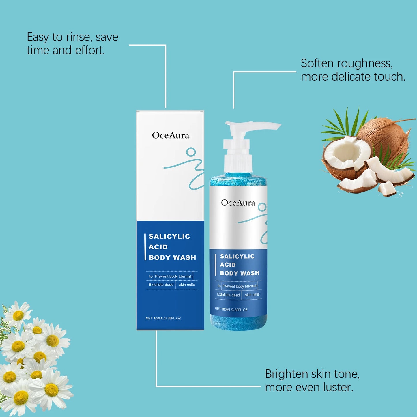OceAura Shower Gel Deep Cleaning Back Acne Treatment Smooth Skin Elasticity Increased Salicylic Acid Exfoliating Body Wash 100ml