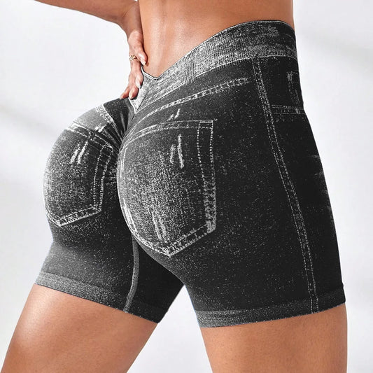 High Waist Women's Sports Shorts Hip Lifting and Body Shaping Faux Denim Jeans Stretch Short Leggings