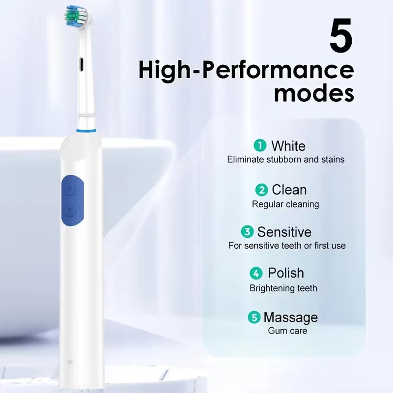 Nwe Rotating Electric Toothbrush, 5 Modes USB Rechargeable Rotary Electric Toothbrush with Timer, Travel Case and 4 Brush Heads
