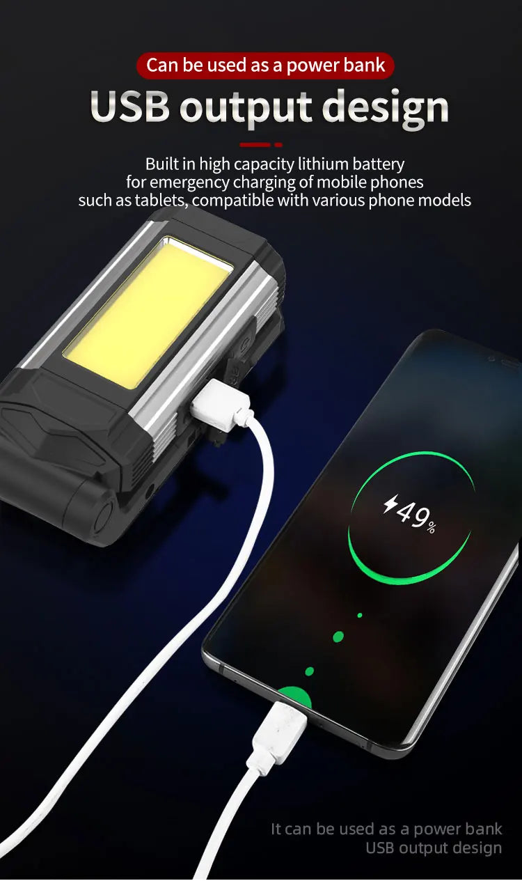 Portable COB Magnetic Work Light Rechargeable LED Flashlight Super Bright Camping Waterproof Car Repair Lamp with Brackets