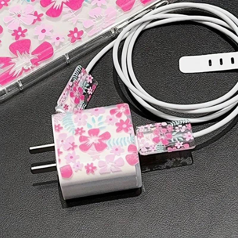 Fashion Flowers Print Charging Data Cable Protector Case For iPhone 18W 20W Charger Protective Cover Winder Accessories Sleeve