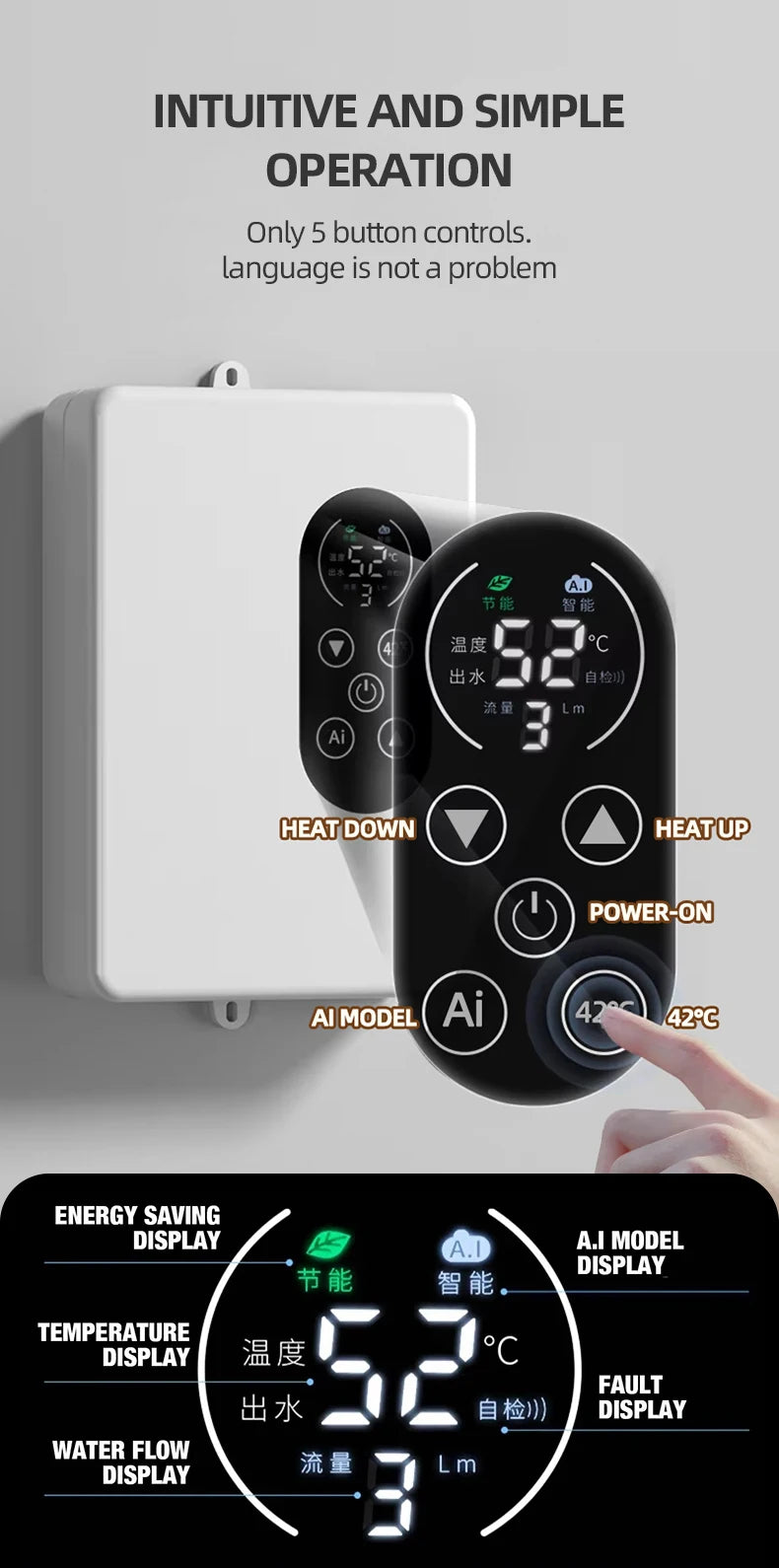 5500W Instant Water Heater 220V Smart Wall Mounted Electric Shower Tankless Instant Water Heater Thermostat for Bathroom Kitchen