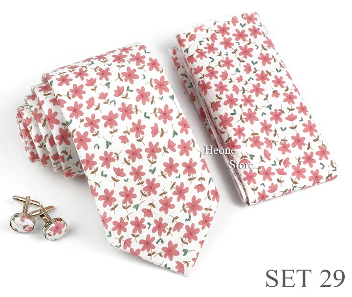 Hot Sell 3PC Chic Elegant Floral Tie Set Pocket Square Cufflinks For Men Women Wedding Party Dinner Suit Tuxedo Accessory Gift
