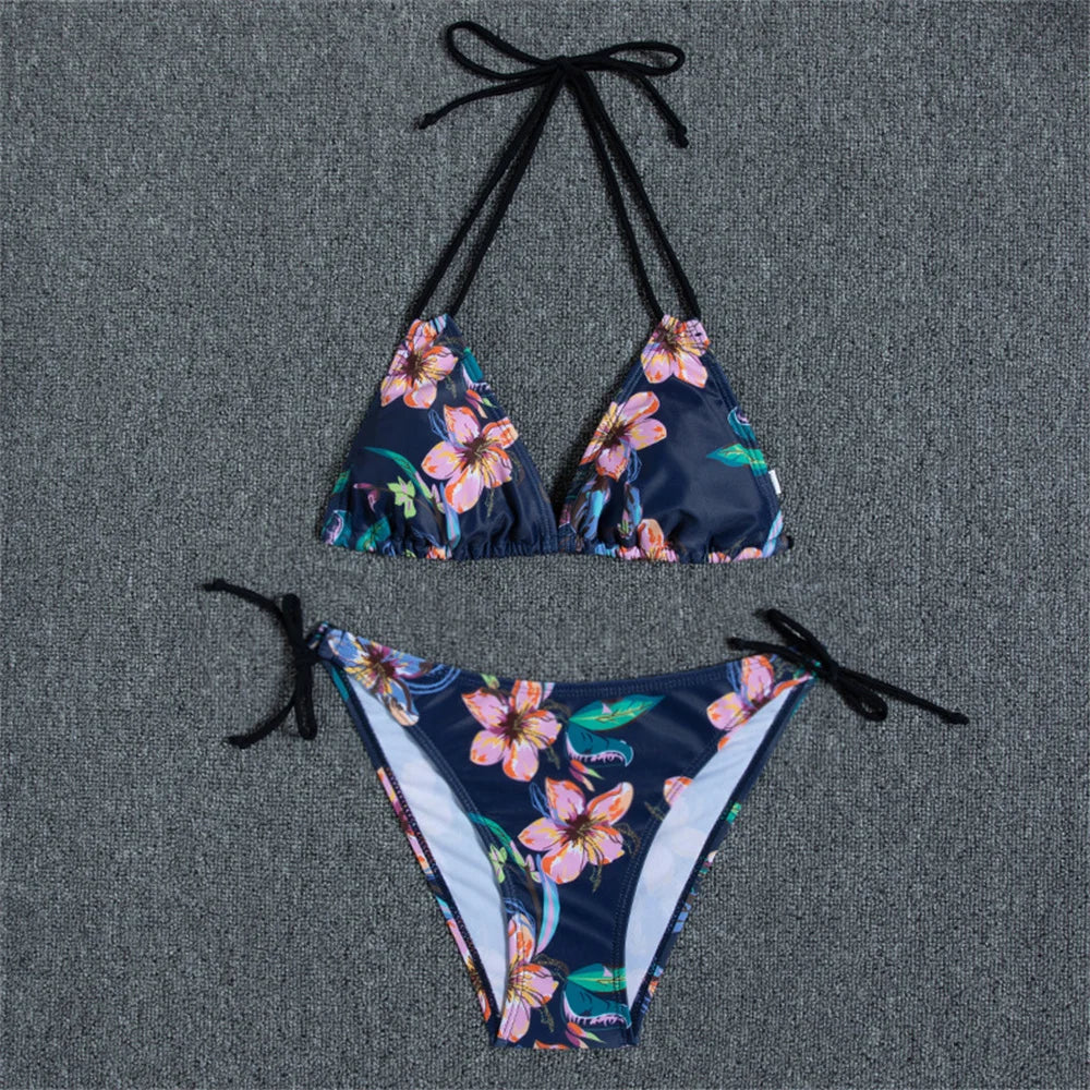 Cute Floral Bikini Extrem String Swimsuit Halter Backless Push Up Vacation Swimwear Women Y2K Beach Tropical Brazil Bathing Suit