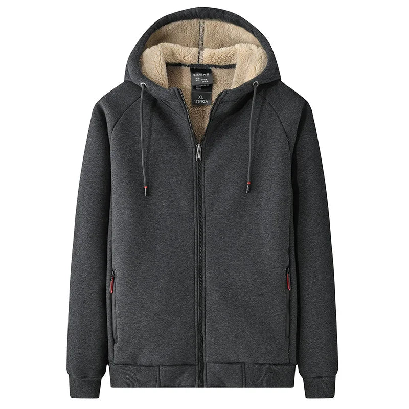 2025 Winter Warm Jacket Men Thick Fleece Hooded Zip Pockets Black Grey Thermal Coat Men Casual Jackets Plus Size 6Xl 7Xl 8Xl