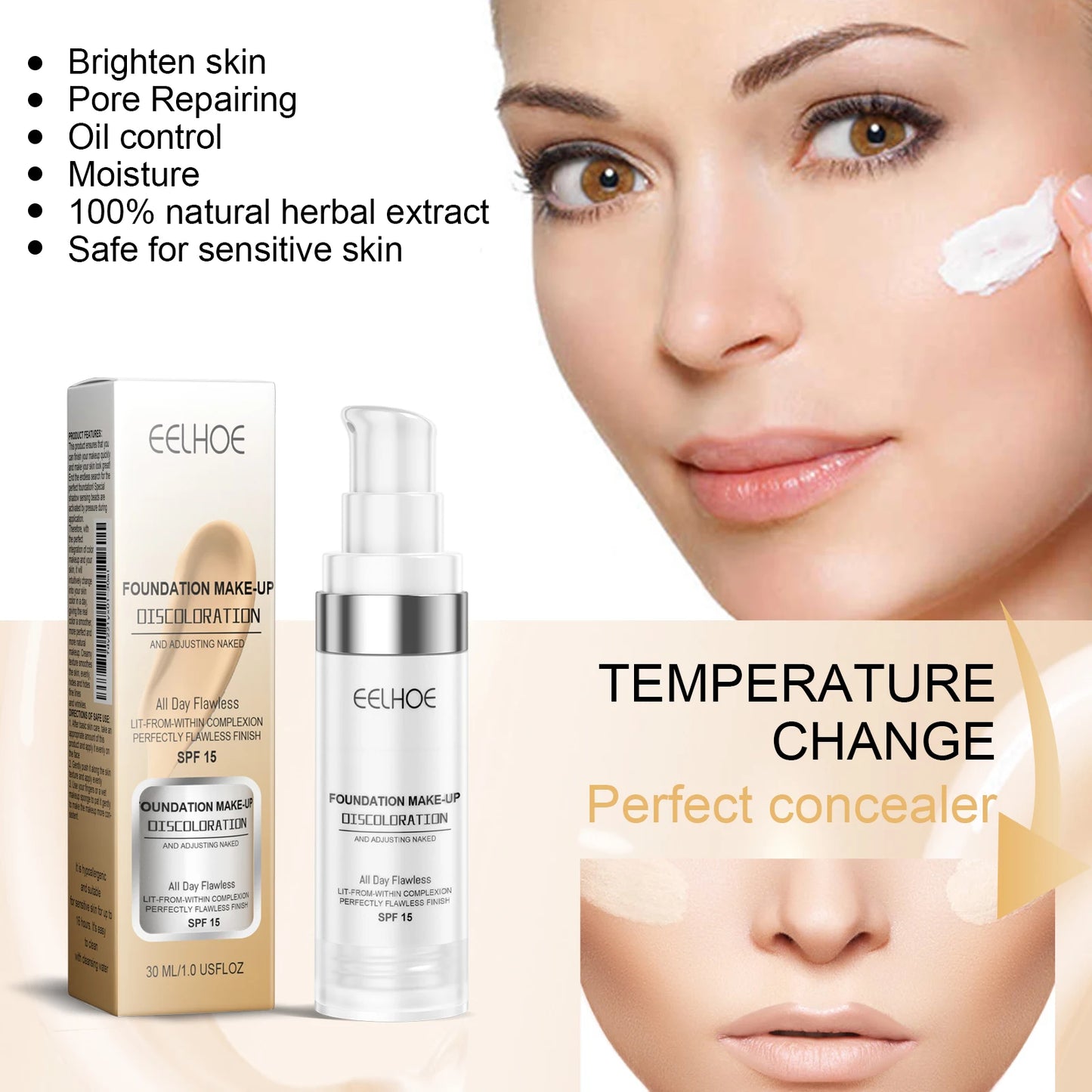 Color Changing Foundation Serum for Natural Glow Lightweight Full Coverage Long Moisturizing Finish 30ml Sensitive Skin Friendly