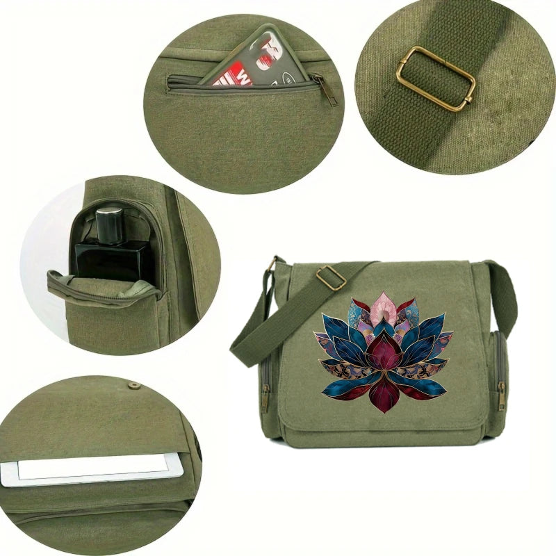 Vintage Women's Shoulder Bag Canvas Lotus Print Large Capacity Crossbody Bag for Travel Messenger Bag