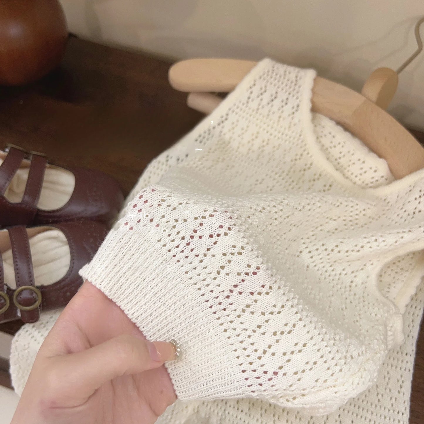 Girls Summer Clothing Set 2025 Kids Knitted Hollow Lace Suit Girl Fashion Breathable Vest + Wide Leg Pants Outfits Children Sets