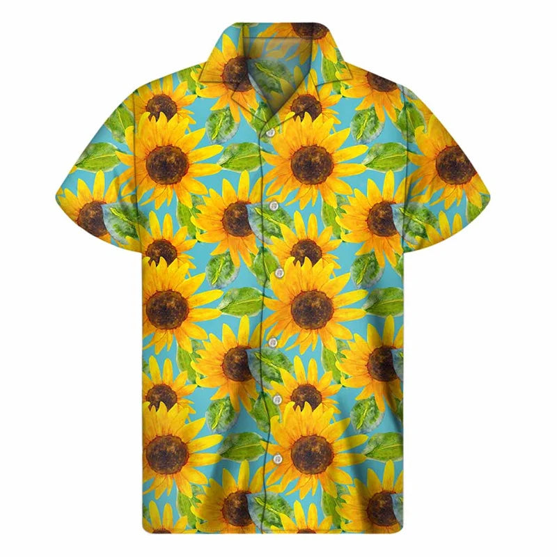 3d Plants Sunflower Print Shirt For Men Fashion Classic Short Sleeve Summer Vacation Shirts Breathable Tops Hawaiian Shirts