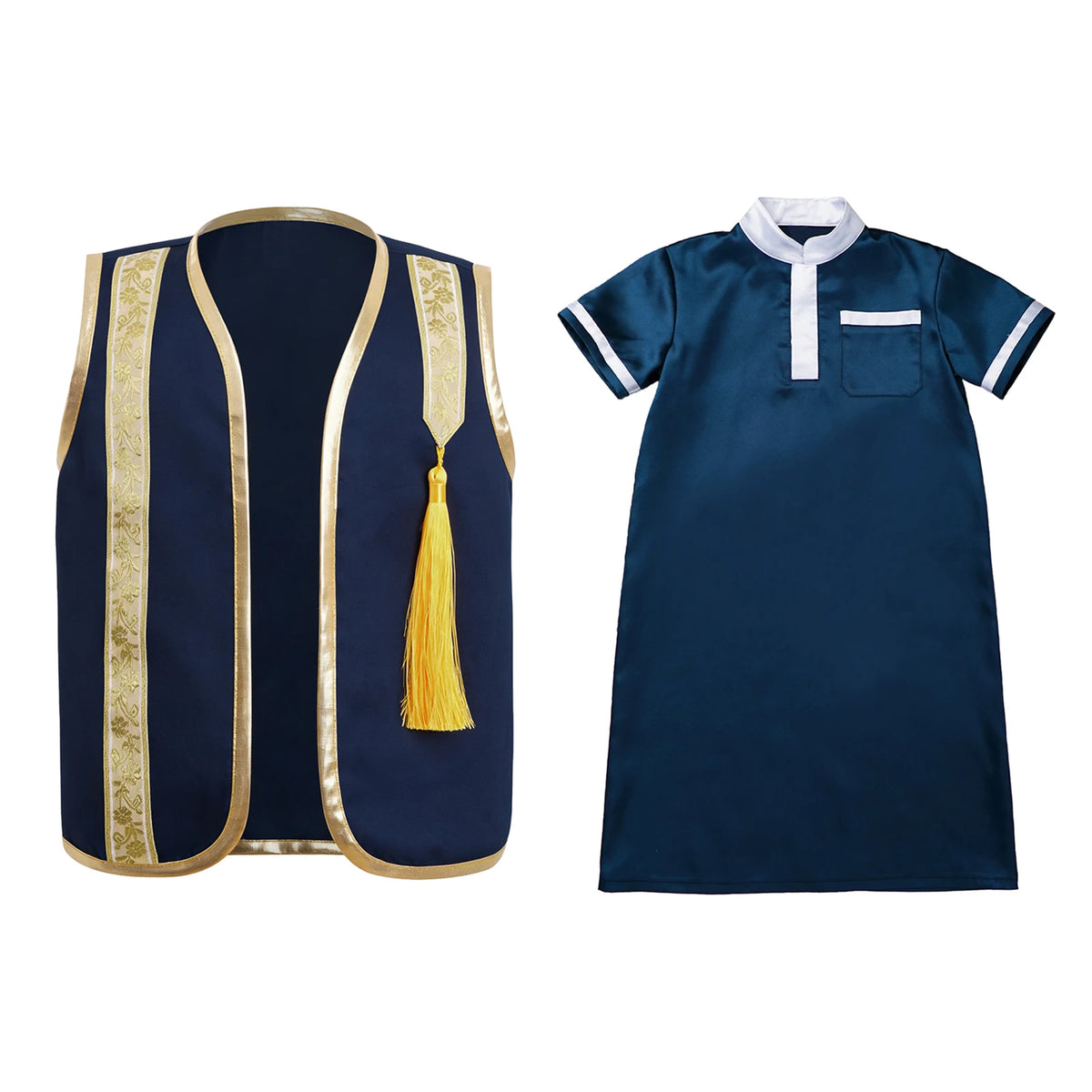 Muslim Baby Boys Robe Ramadan Eid Abaya Set Metallic Trim Arabic Islamic Kaftan Thobe Satin Gown with Open Front Tassel Vest
