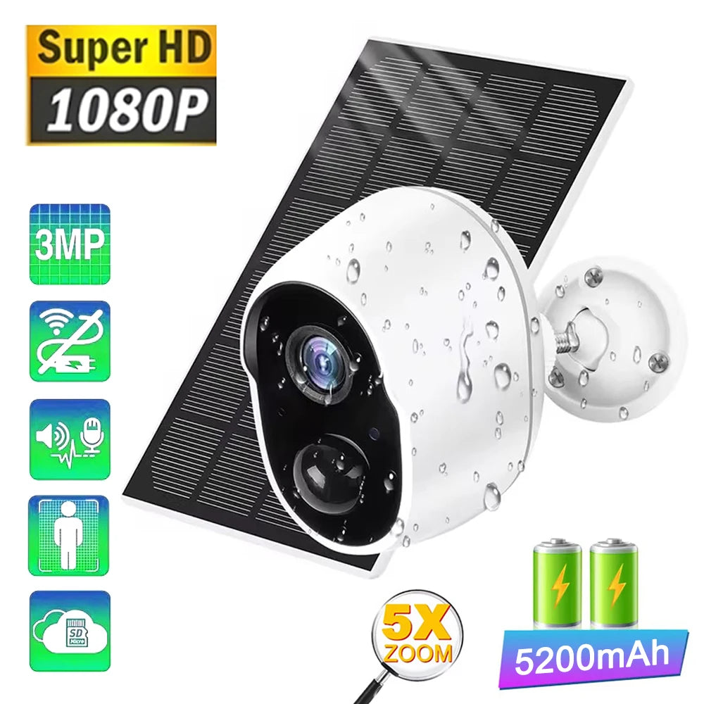 3MP Battery Solar WiFi Security CCTV 130 Wide View Angle 5XDigital Zoom Waterproof Outdoor Solar Camera 5200mAh Rechargeable Cam