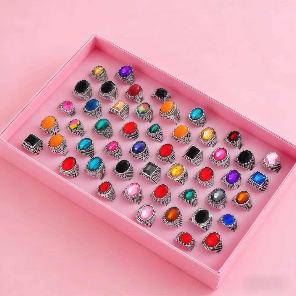 6/12/24/36/48/100Pieces Fashion Elegant Colorful Glass Rings Set For Women Random Mix Style Daily Party Gifts Jewelry