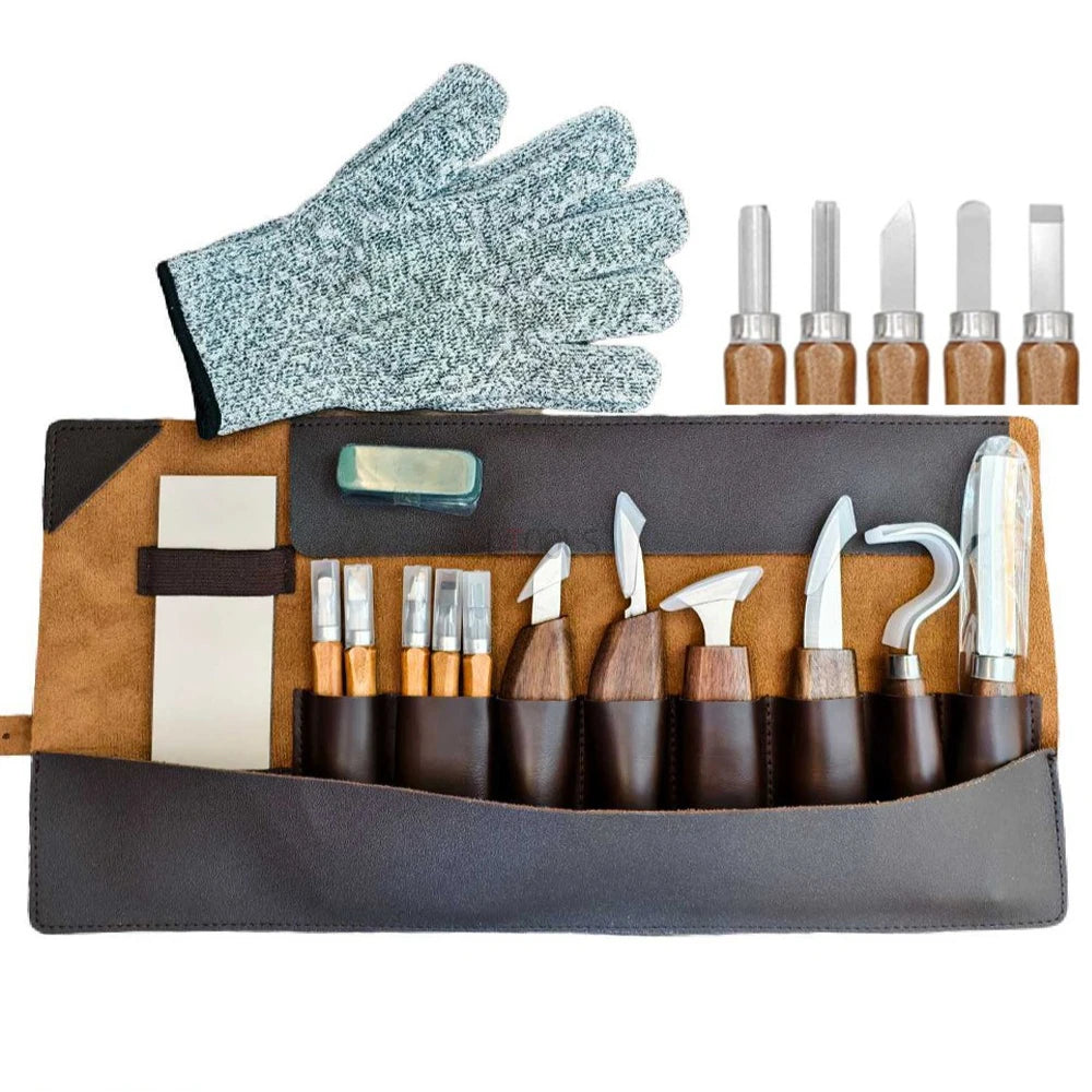 Woodworking Tools Professional Square Handle Woodcarving Vintage Leather Set 12 Pieces Furniture Detail Relief Project Essential