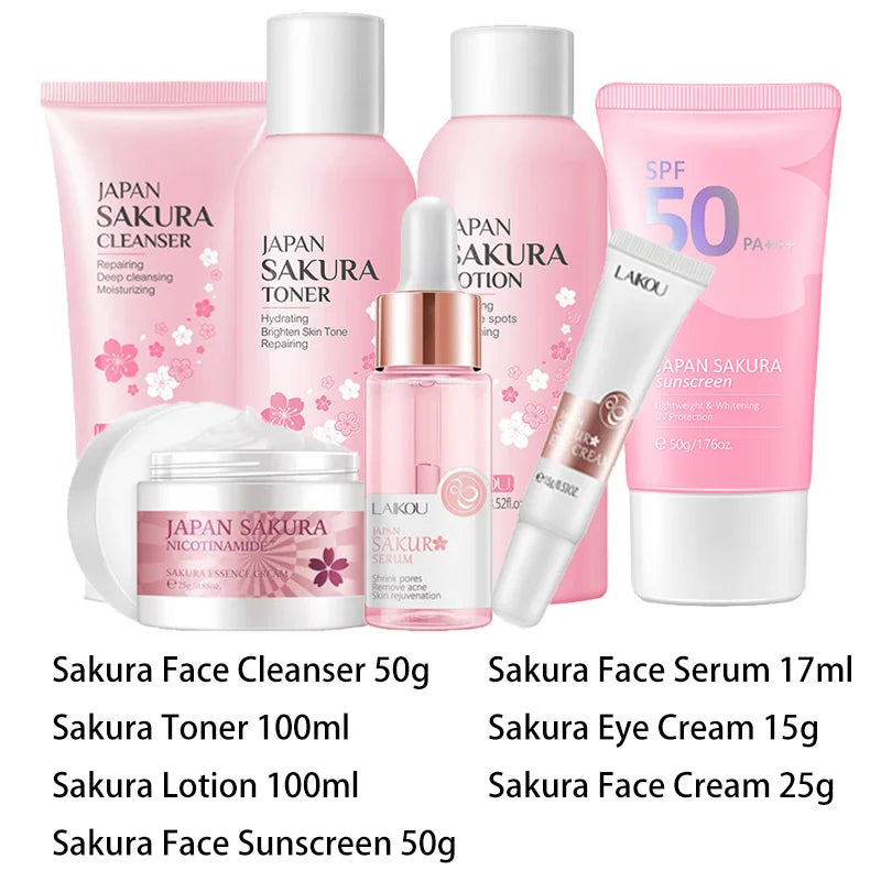 7pcs Sakura Skin Care Set Moisturizing Brightening Sunscreen Cleanser Fine Lines Delay Skin Aging  Nourish Daily Face Care Suit