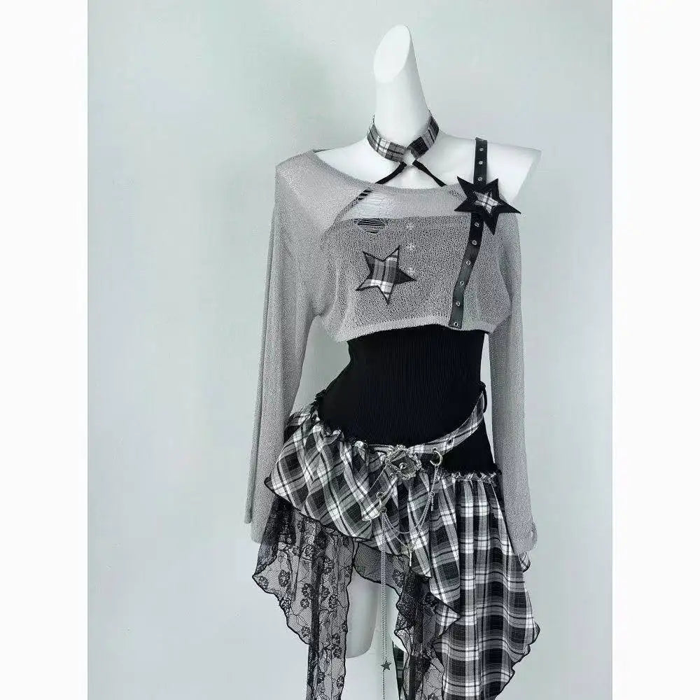 Summer Gothic Lolita Sweet Lace Mini Dress Set Long Sleeved Bow Y2k Aesthetic Fashion Dress Slim Japanese Kawaii Suit Chic