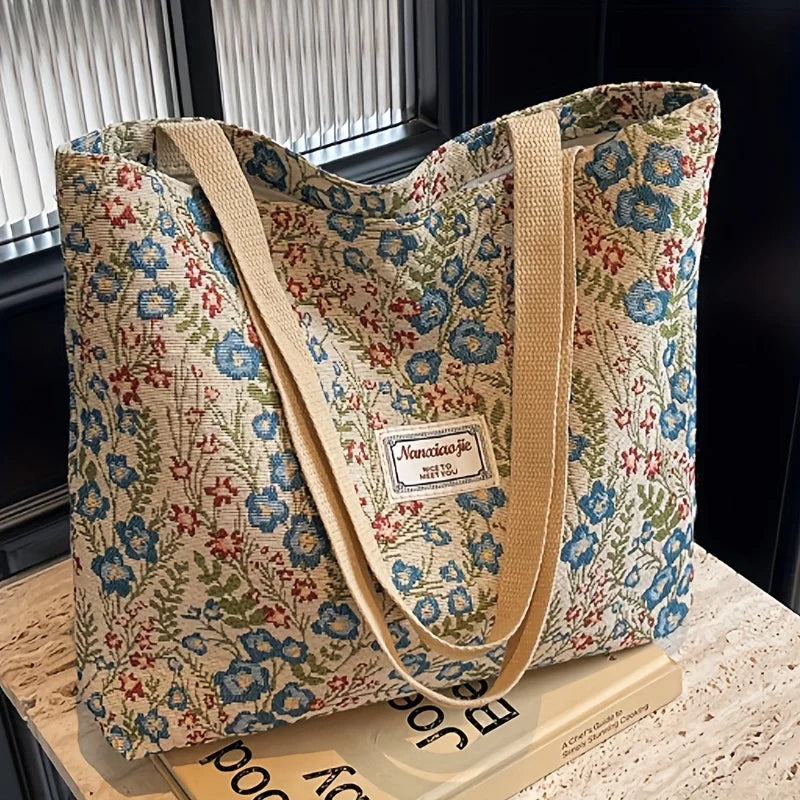 Stylish Corduroy Tote Bag for Women Bohemian Ethnic Style Shoulder Bag for Daily Commuting Shopper Office Worker College Student
