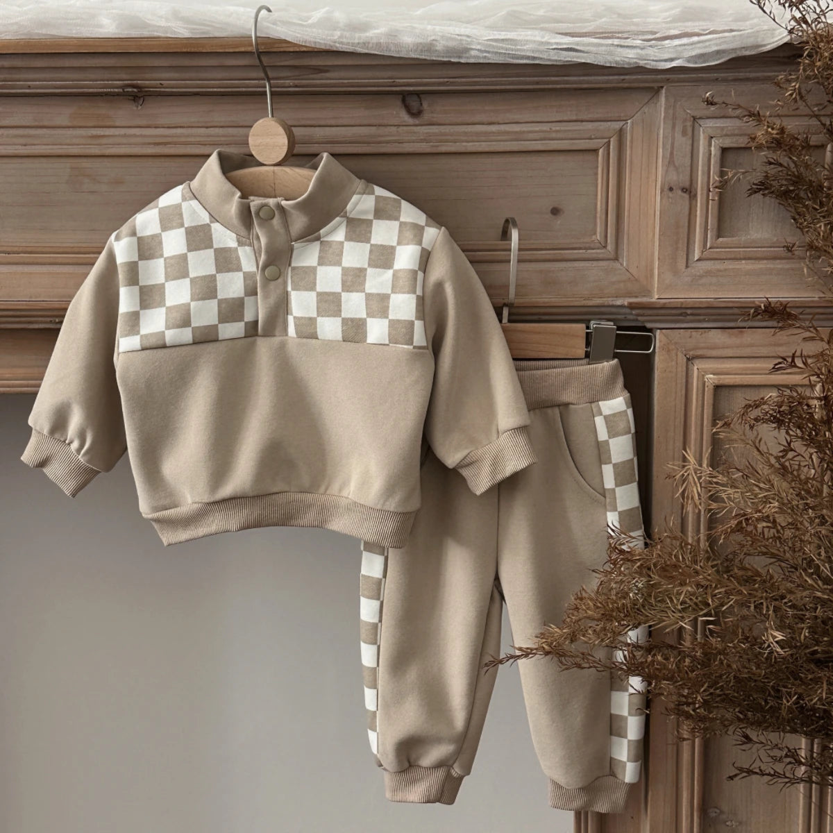 Spring Autumn Baby Boy Checkerboard Stand‑Collar Sweatshirt Set, Infant Khaki Splice Jogger Pants 2‑Pcs Outfit