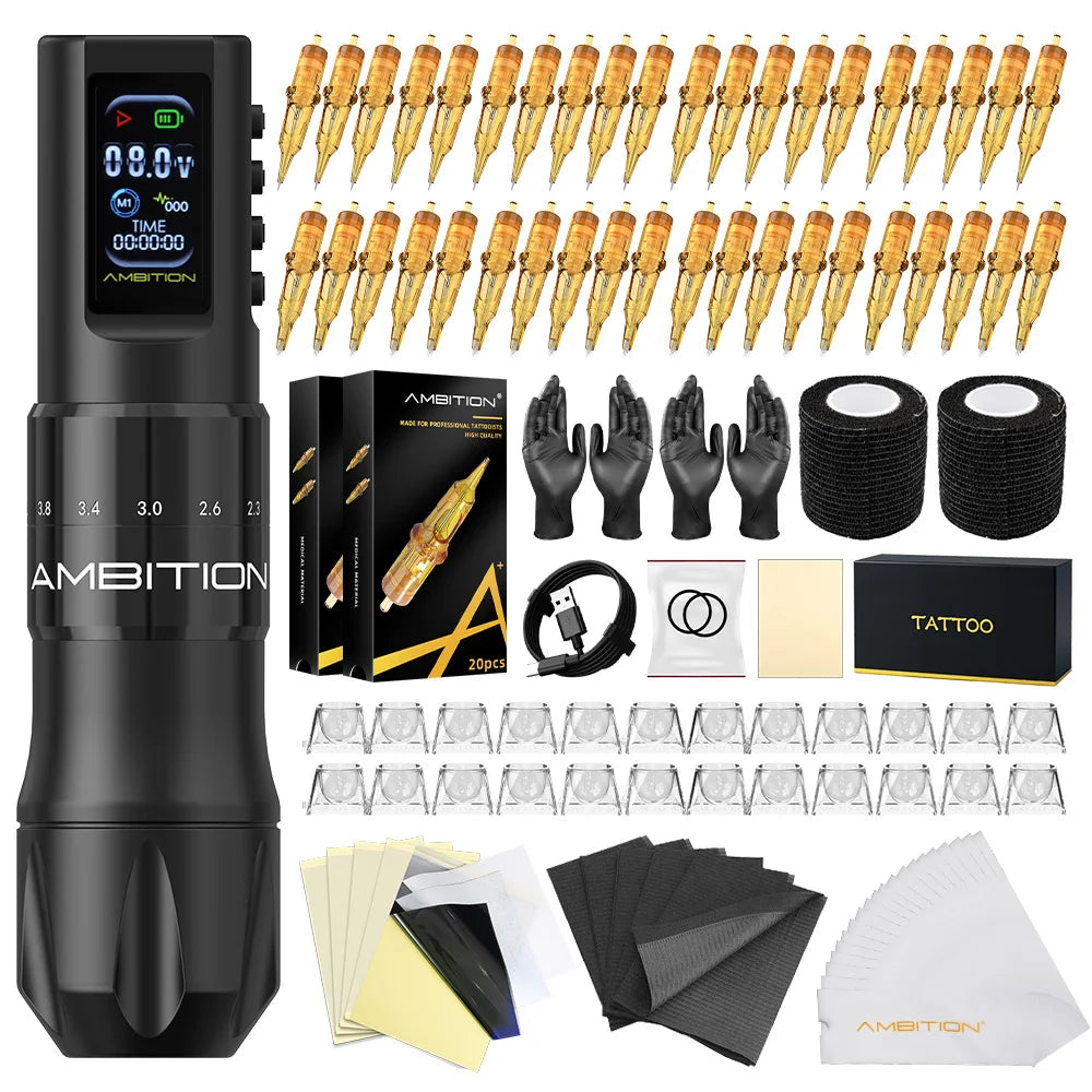 Ambition C2 Kit Wireless Tattoo Machine Pen 7 Adjustable Stroke Coreless Motor 1600mAh Battery Makeup Microplasty Pen For Tattoo