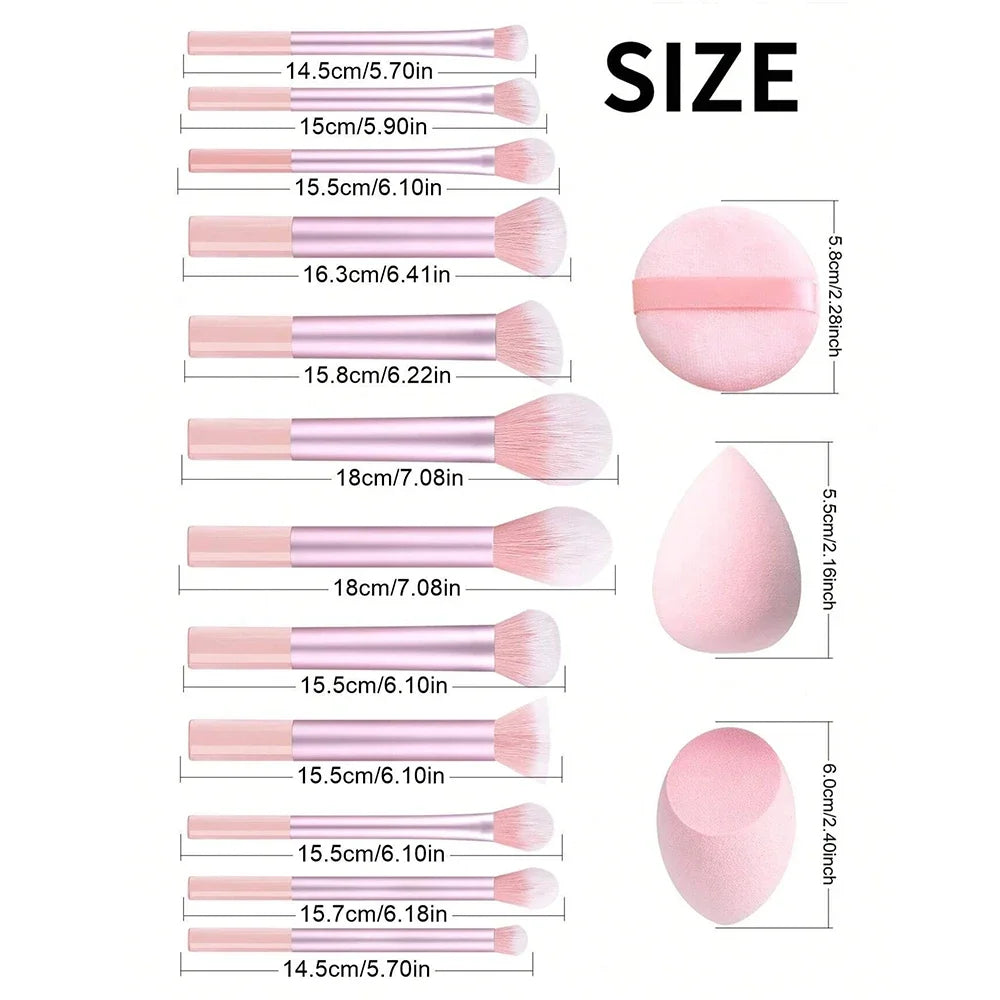 12pcs Professional Makeup Brush Set Incl. Eyeshadow, Powder, Blush Brushes, 2pcs Makeup Sponges, 1pc Powder Puff, Complete Trave