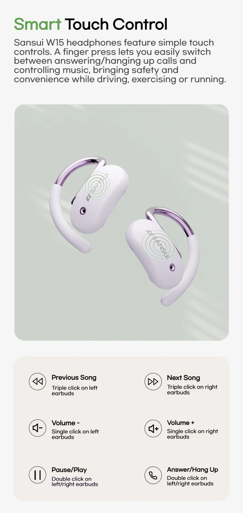Sansui W15 Open Ear Bluetooth Earphones 360° Spatial Sounds Bluetooth 5.4 Headphone Sports Wireless Earbuds Dual Connection