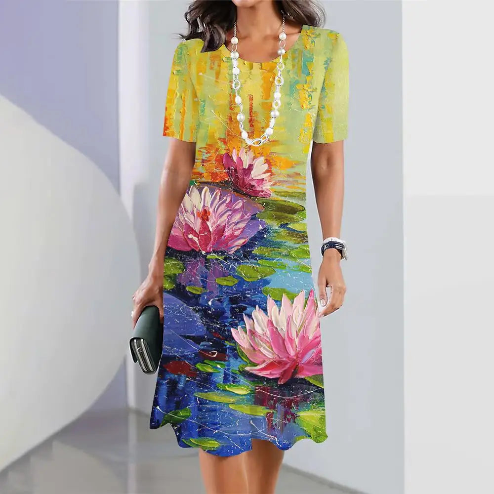 2024 New Spring Women's Dresses Floral Printed Elegant Casual Short Sleeve Dresses Fashion Oversized Women's Dresses
