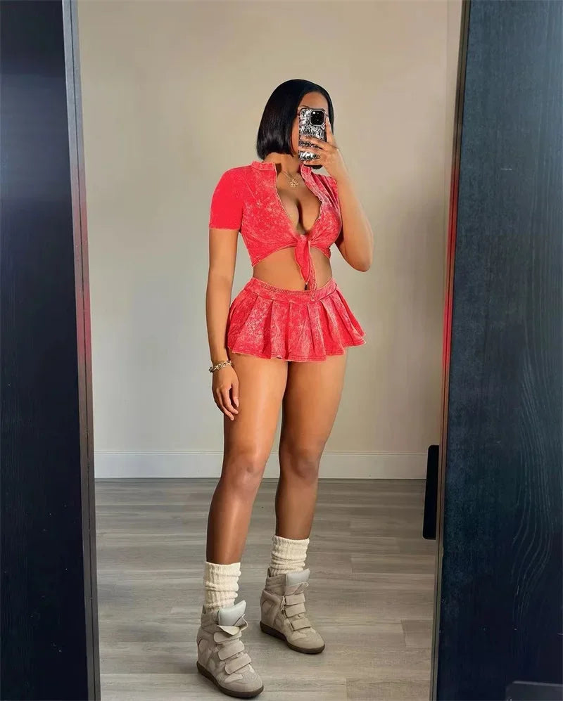 Streetwear Party Club Co Ord Sets for Women 2 Piece Set Outfit Summer Lace-up Crop Top and Mini Skirt Sets Conjuntos Para Vestir