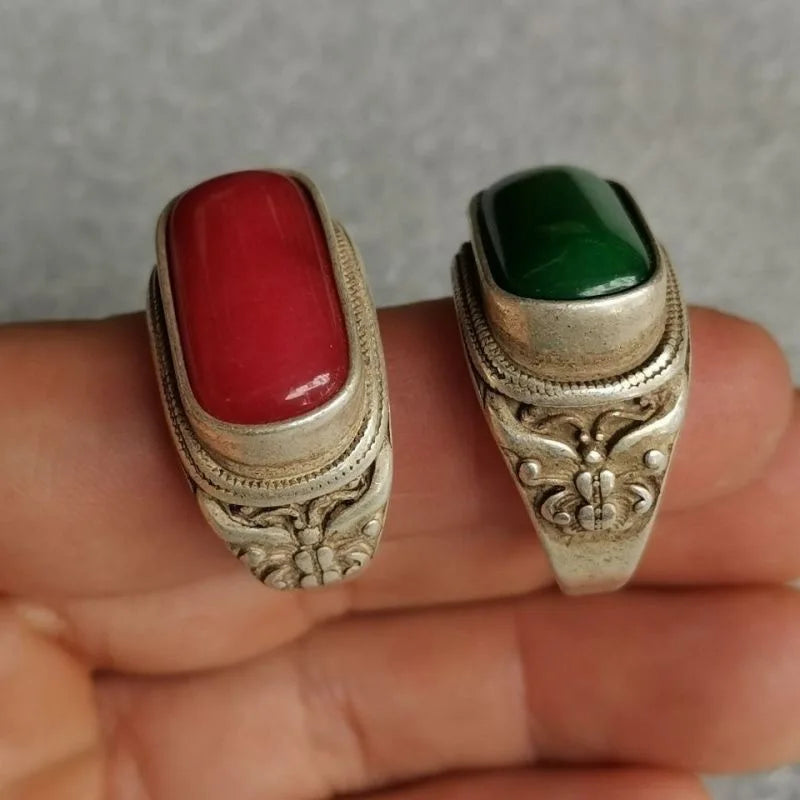 Vintage Green Jade Ring, Tibetan Silver Inlaid, Adjustable Stretch Band for Men & Women