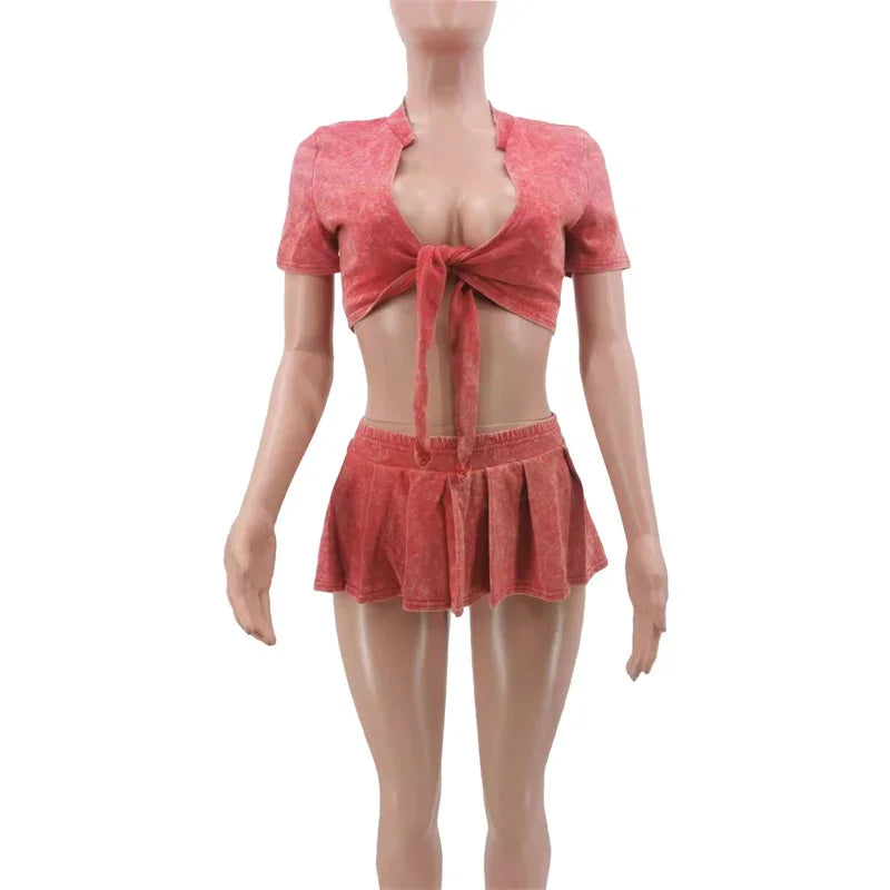 Streetwear Party Club Co Ord Sets for Women 2 Piece Set Outfit Summer Lace-up Crop Top and Mini Skirt Sets Conjuntos Para Vestir