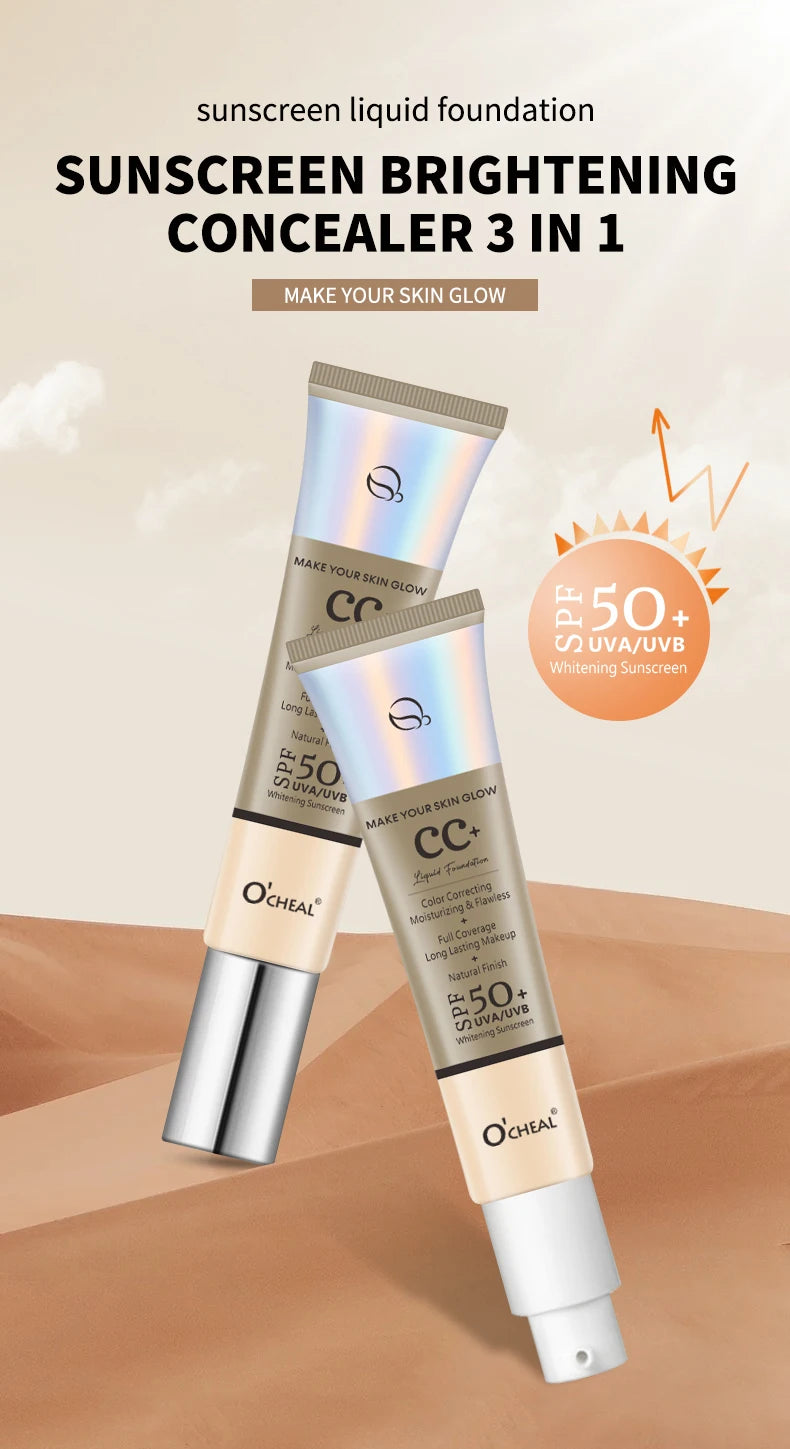 Ocheal 30g CC Cream Foundation Waterproff Concealer Moisturizing Sunscreen Liquid SPF 50+ Long Lasting Brightening Makeup Primer