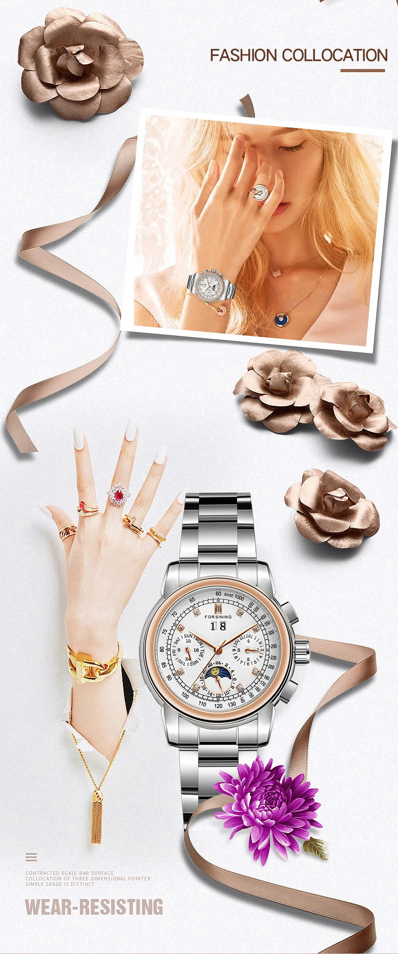 Forsining Fashion Ladies Stainless Steel Case Moon Phase Mechanical Watch Women's Multifunctional Diamond Dial Automatic Clock