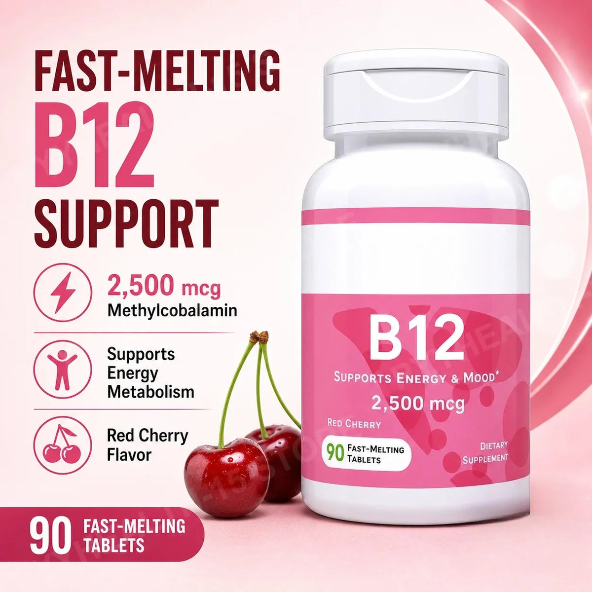 Methylcobalamin Vitamin B12 2500mcg Fast Dissolve Tablets 90 Servings Cherry Flavor Daily Energy Metabolism Support for Adults