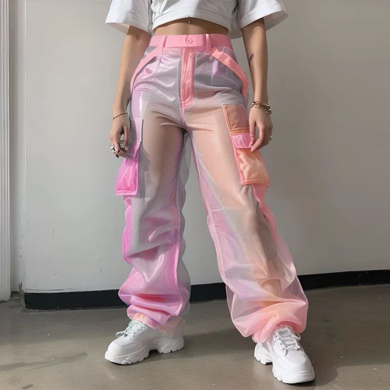 INCERUN Men Pants Mesh Gradient Button Joggers Straight Trousers Men Joggers Streetwear Pockets Oversize Fashion Long Pants 2026