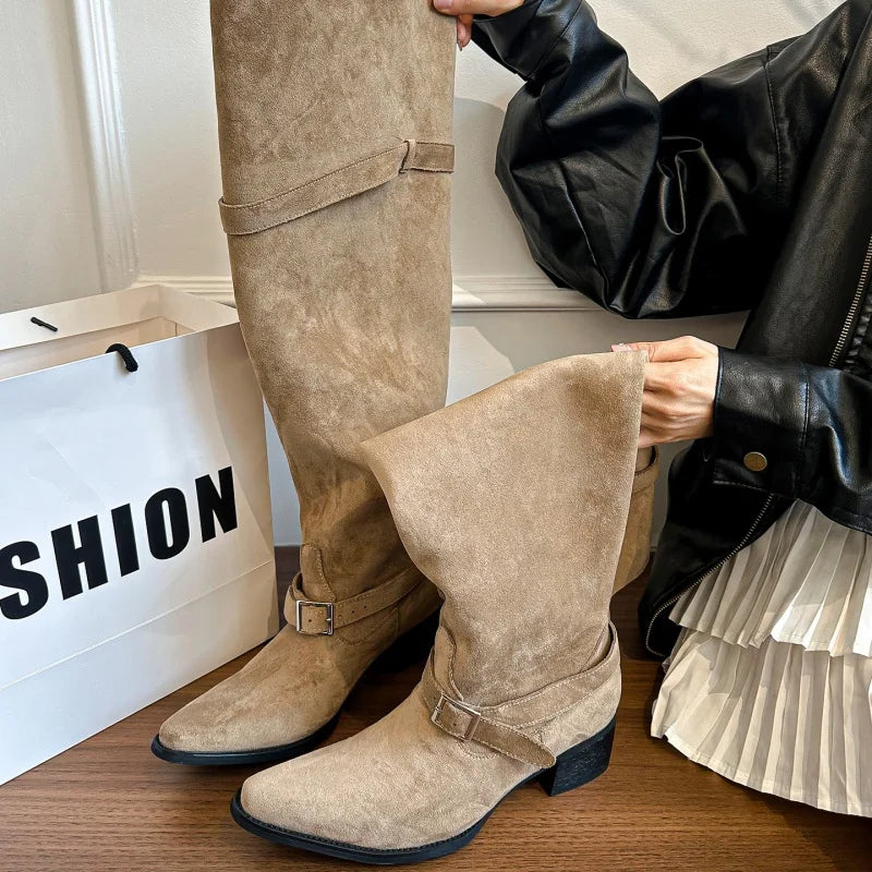 Women's Chelsea Boots 2025 Autumn New Suede High Heel Knee-high Boots Sexy Pointed Designer Elegant Banquet Ladies Gothic Boots