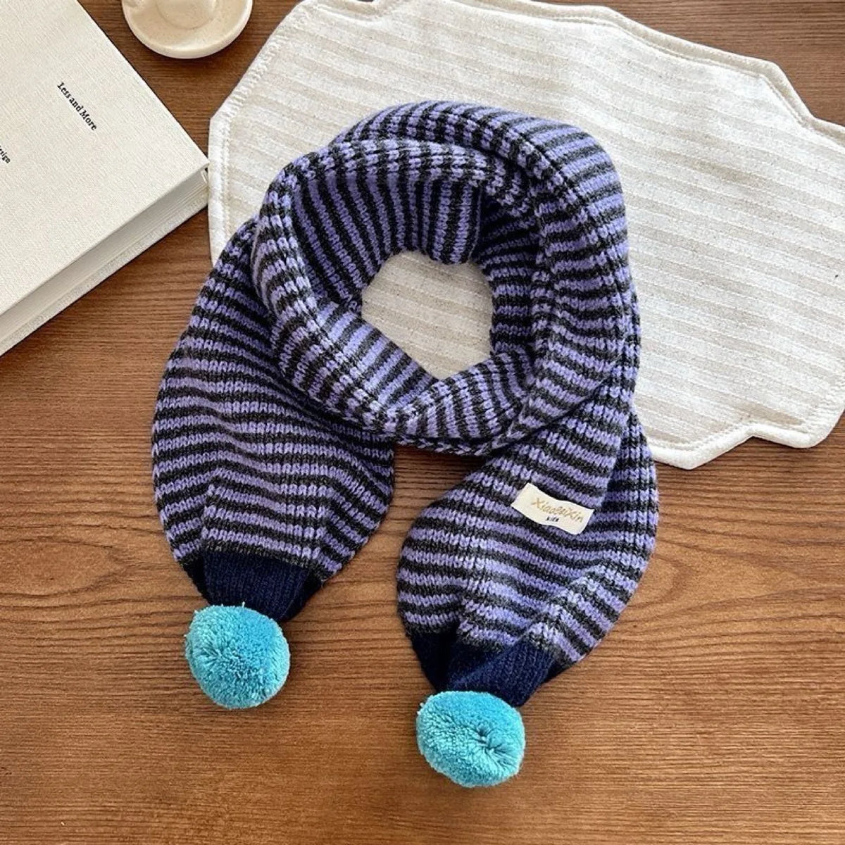 Winter Warm Knitted Kids Scarf Cute Pom Poms Stripe Neck Warmer For Boys Girls Letter Patch Casual Children Scarf