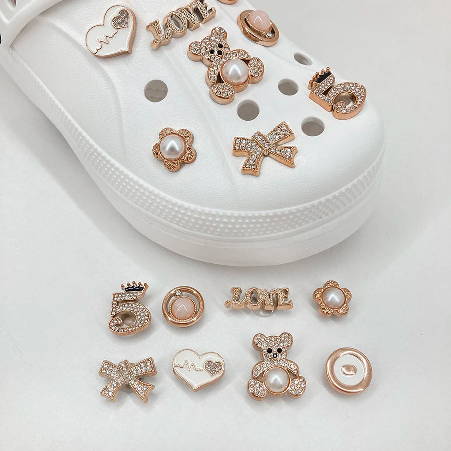14pcs Sparkling Golden Faux Pearl Shoe Charms Pins Set DIY Detachable Shoe Decoration Suitable For CROCS Clogs Party Gift Idea